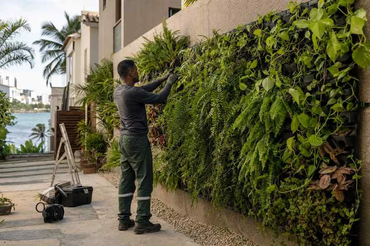 Jardineiro instalando jardim vertical com folhagens tropicais em parede externa no Rio Vermelho