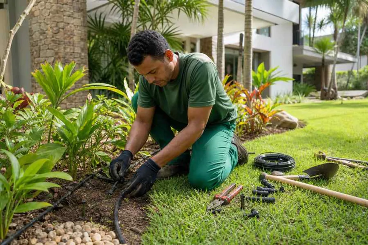 Jardineiro ajustando sistema de irrigação automatizada em jardim residencial no Rio Vermelho