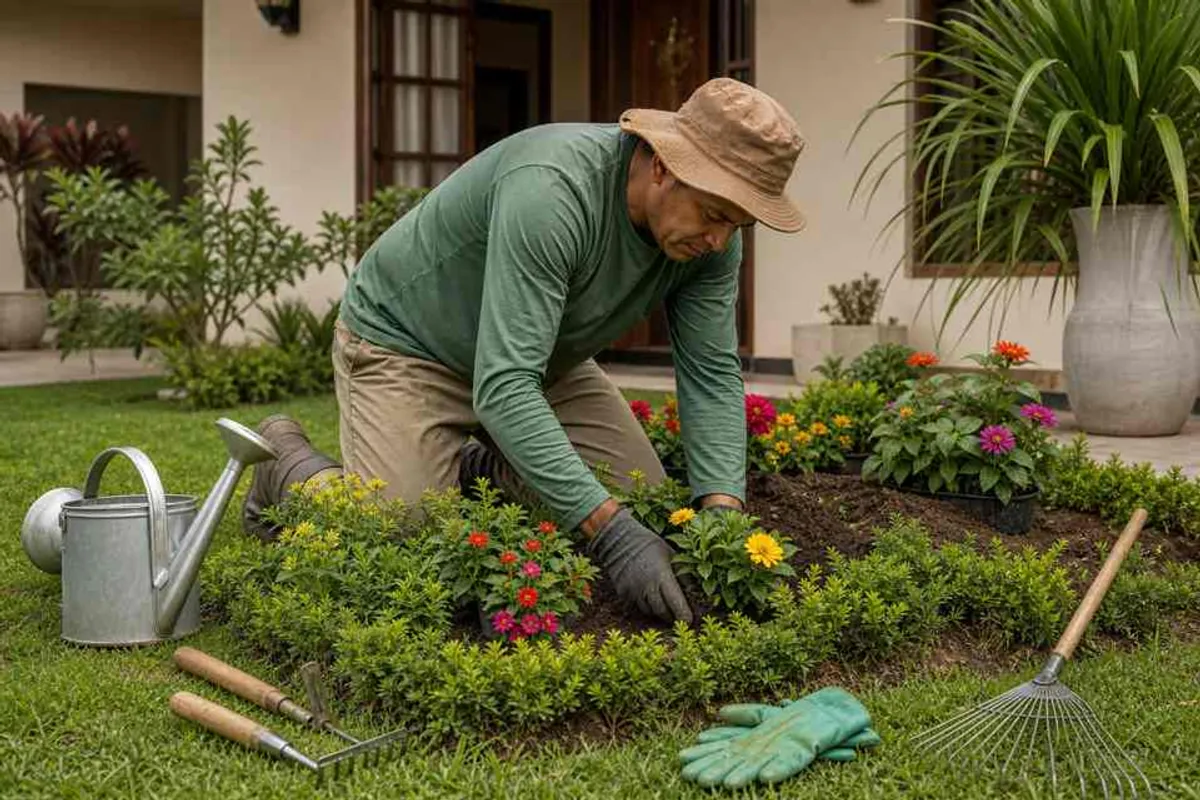 Paisagista plantando flores e mudas em canteiro de jardim residencial na Graça