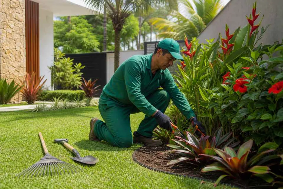 Jardim residencial recém-paisagismo com gramado verde e canteiros de flores, jardineiro profissional trabalhando